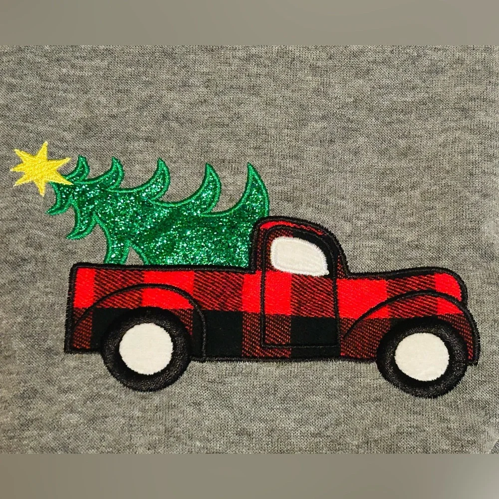 New! Gray Dog Hoodie With Embroidered Buffalo Plaid Truck & Christmas Tree (NWT)